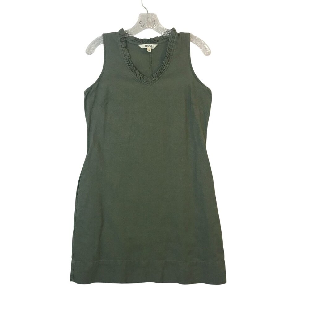 Briggs Womens S Linen Blend Short Dress Green Sleeveless Ruffled V-Neckline